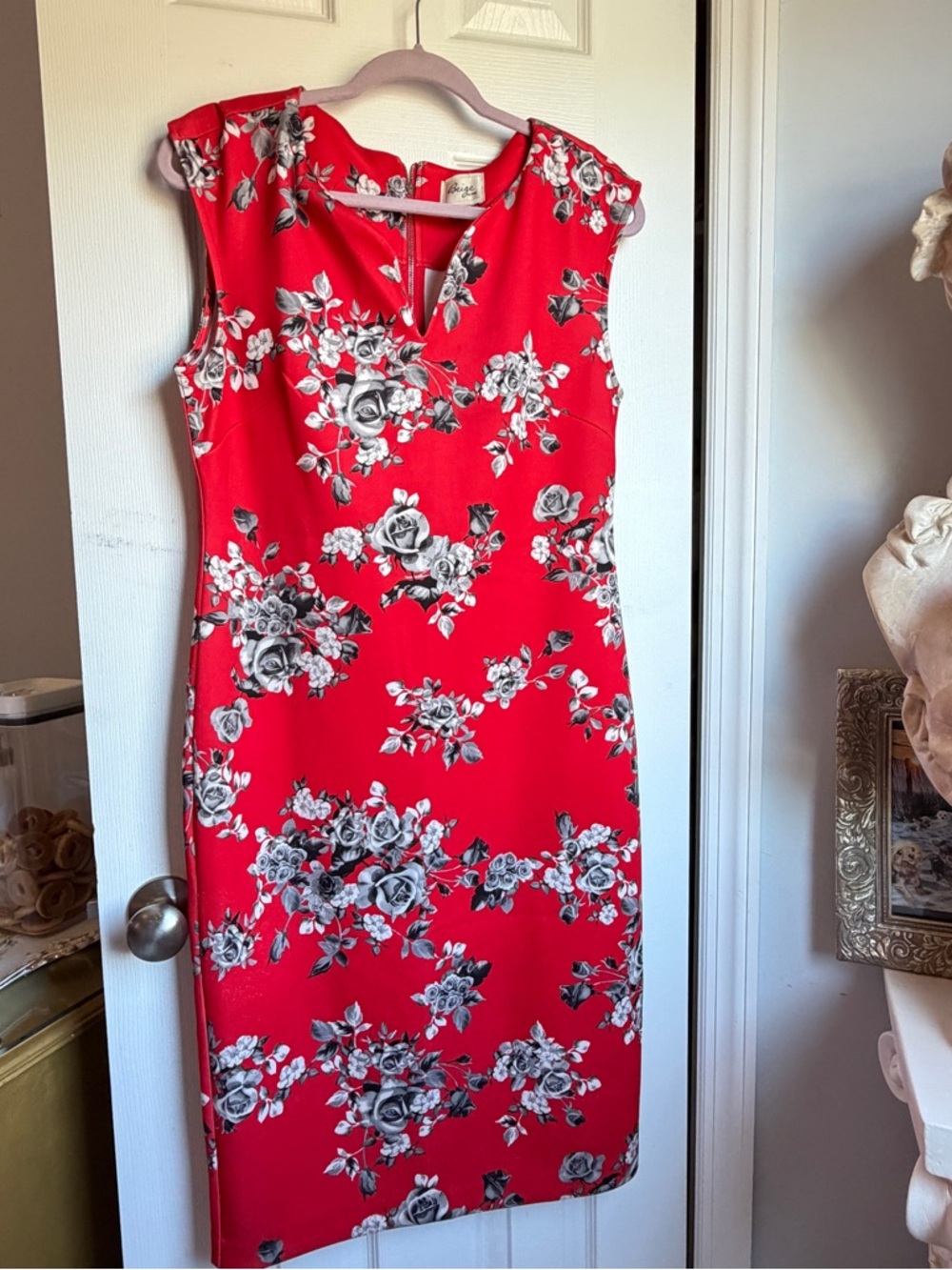 Beige by eci Red Floral Midi Sheath Dress
